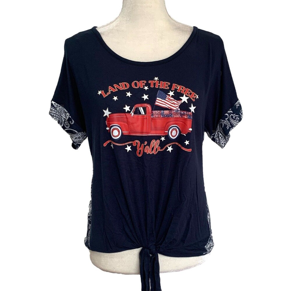 NWT Tru Self Truck Flag Short Sleeved Tie Front Patriotic Tee S Bandana Print